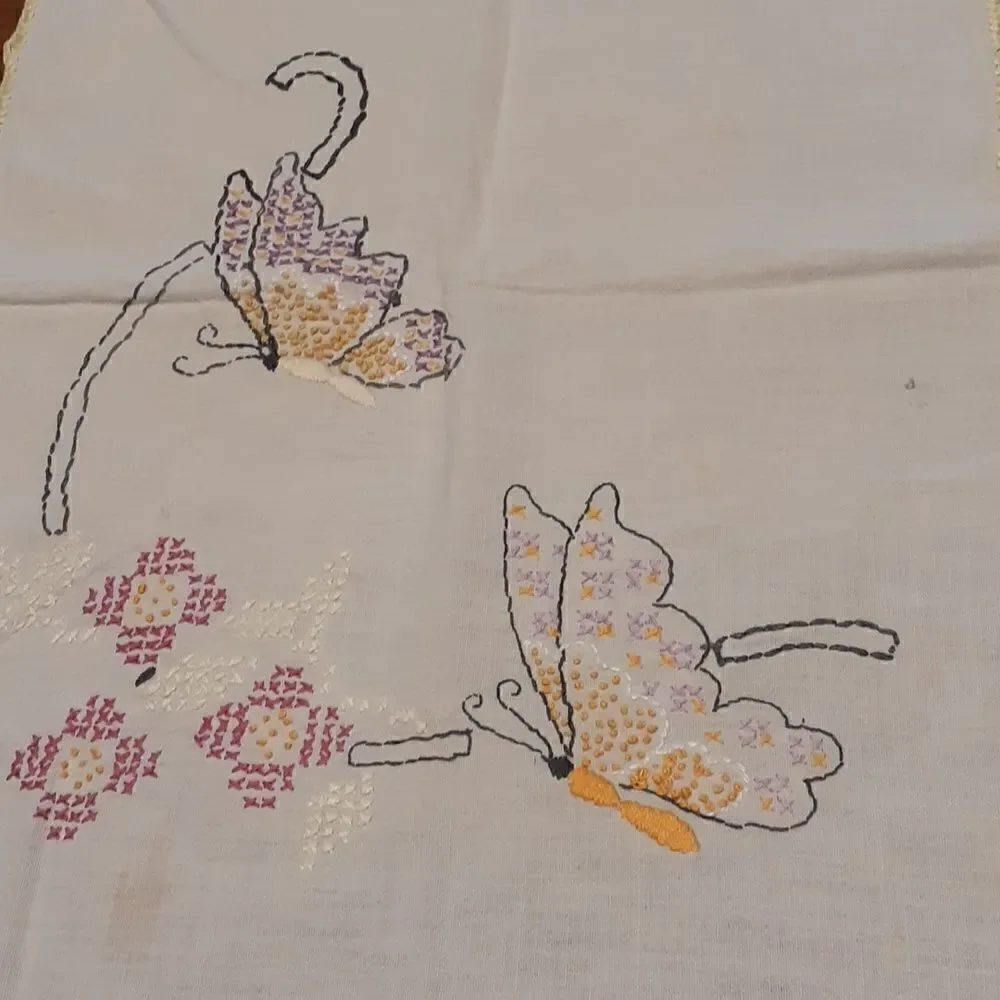 Vintage cross stitched embroidery butterflies flowers table runner w/tatted edge